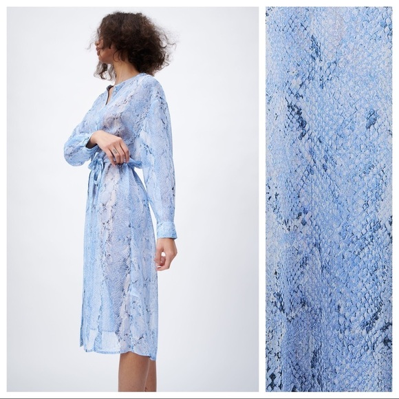 NWT. Zara Blue Semi-Sheer Animal Print Shirt Dress. Size S. - Picture 4 of 10